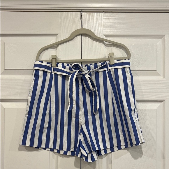 J. Crew Factory Striped Cotton-blend Poplin Tie-waist Shorts Blue White Size 16 - Picture 1 of 6